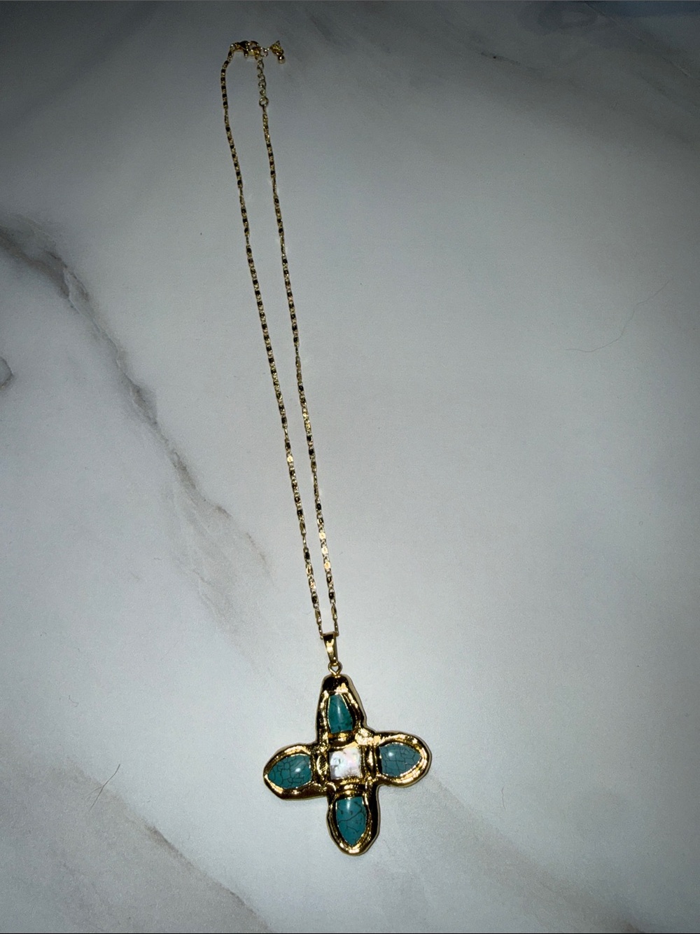 Gold Pendant Necklace with Teal Gem Accents - Women Jewelry